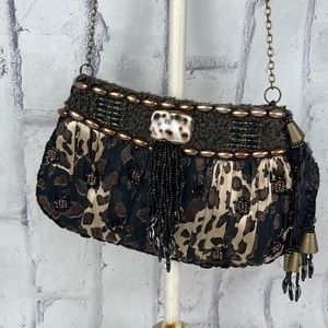 Mary Frances Crossbody Purse Pleated Beaded Embellished Animal Print Tassels